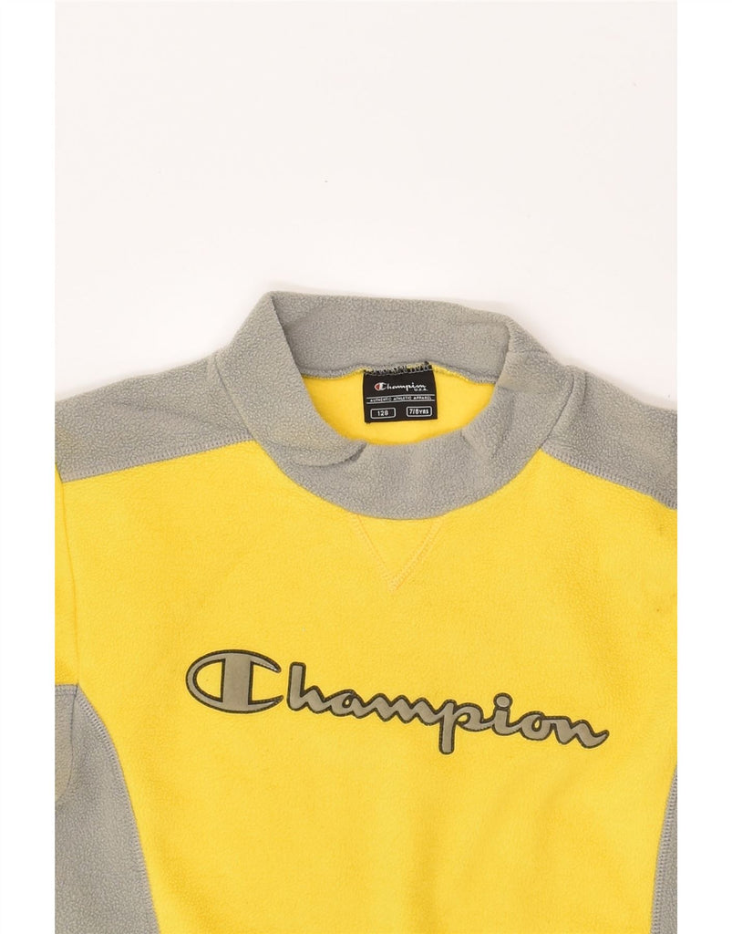 CHAMPION Boys Graphic Fleece Jumper 7-8 Years Yellow Colourblock Polyester | Vintage Champion | Thrift | Second-Hand Champion | Used Clothing | Messina Hembry 