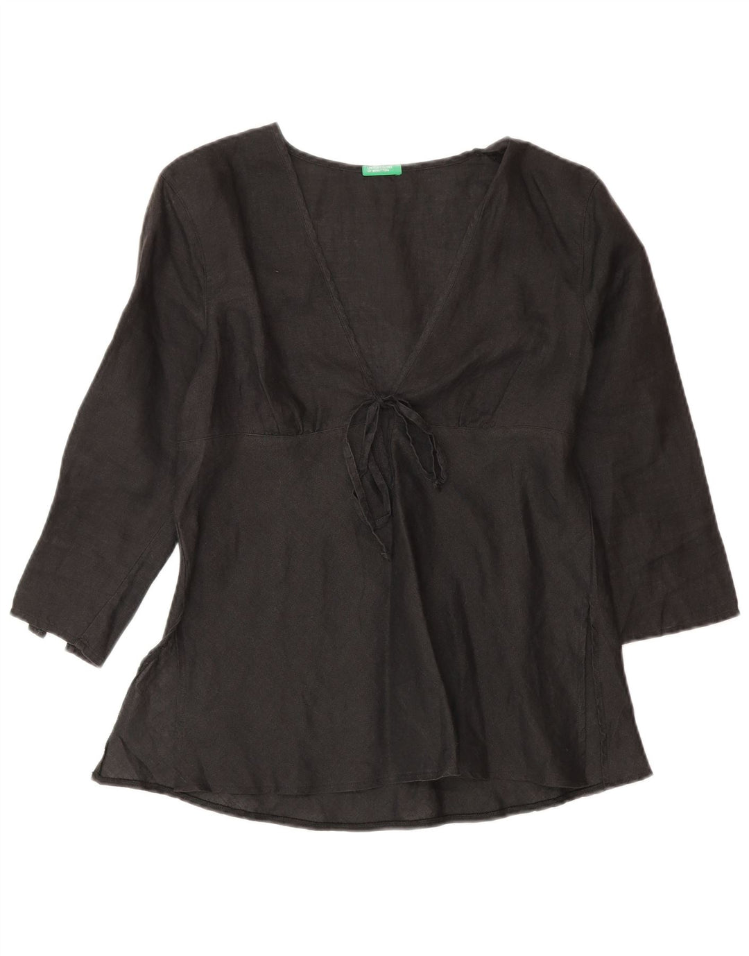 Benetton Womens 3/4 Sleeve Blouse Top UK 10 Small Black Linen