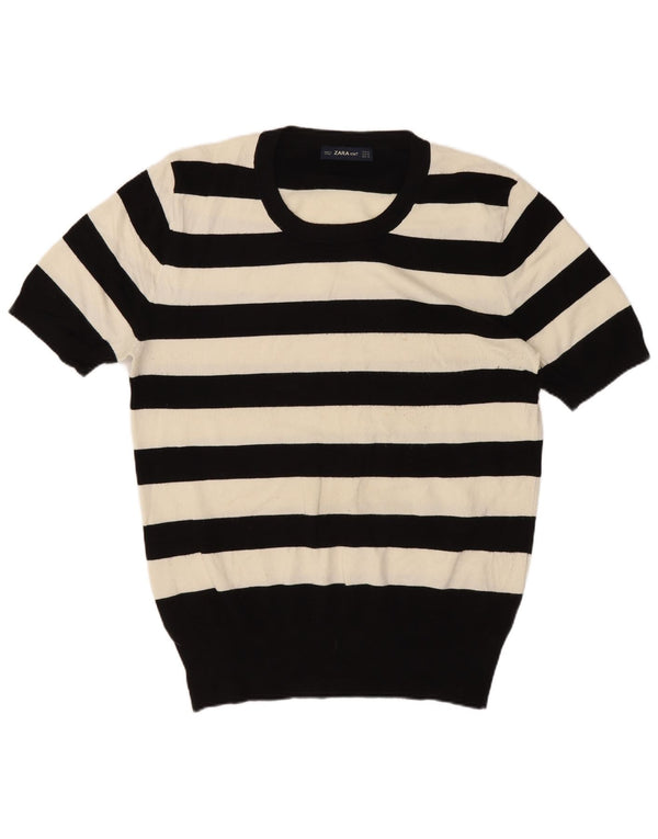 Zara Womens Short Sleeve Crew Neck Jumper Sweater UK 18 XL Black Striped