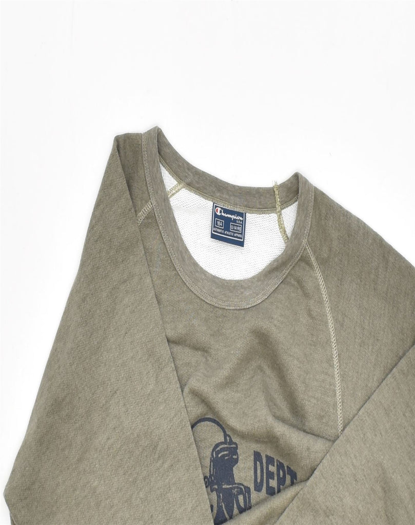 CHAMPION Boys Graphic Sweatshirt Jumper 13-14 Years Khaki Cotton Sports | Vintage | Thrift | Second-Hand | Used Clothing | Messina Hembry 