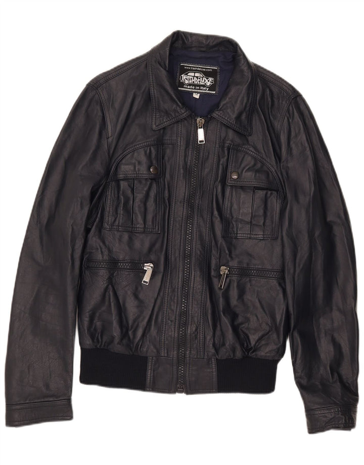 Vintage Mens Bomber Leather Jacket UK 38 Medium Navy Blue Leather