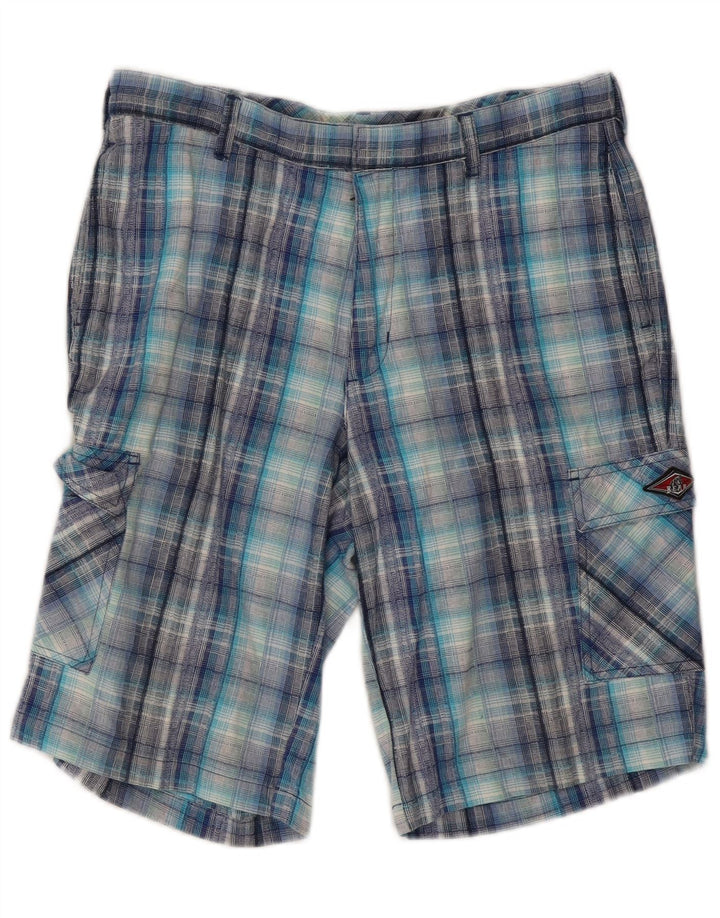 Bear Mens Cargo Shorts  W32 Medium Blue Check Cotton