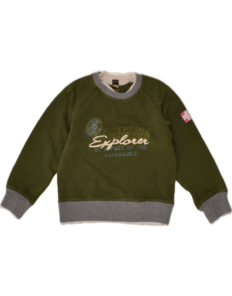 NAPAPIJRI Girls Sweatshirt Jumper 5-6 Years Khaki Cotton | Vintage Napapijri | Thrift | Second-Hand Napapijri | Used Clothing | Messina Hembry 