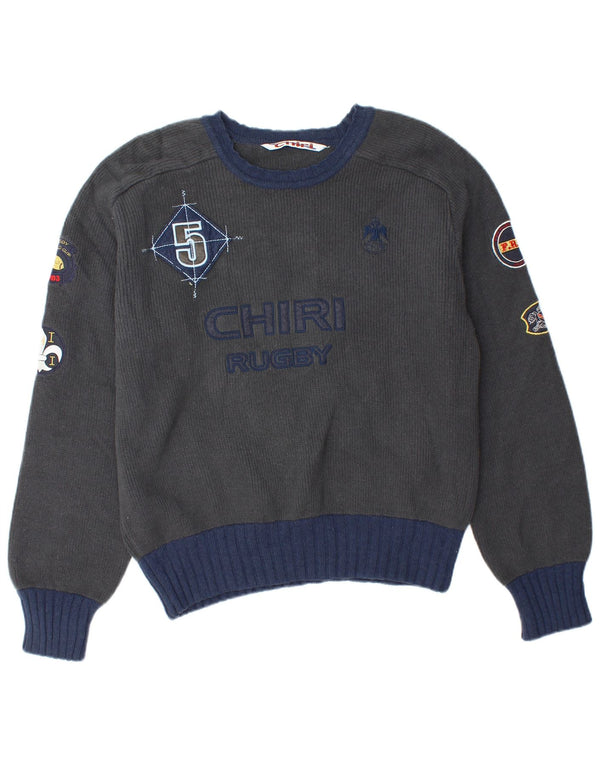 Vintage Mens Rugby Graphic Crew Neck Jumper Sweater Large Grey Lambswool