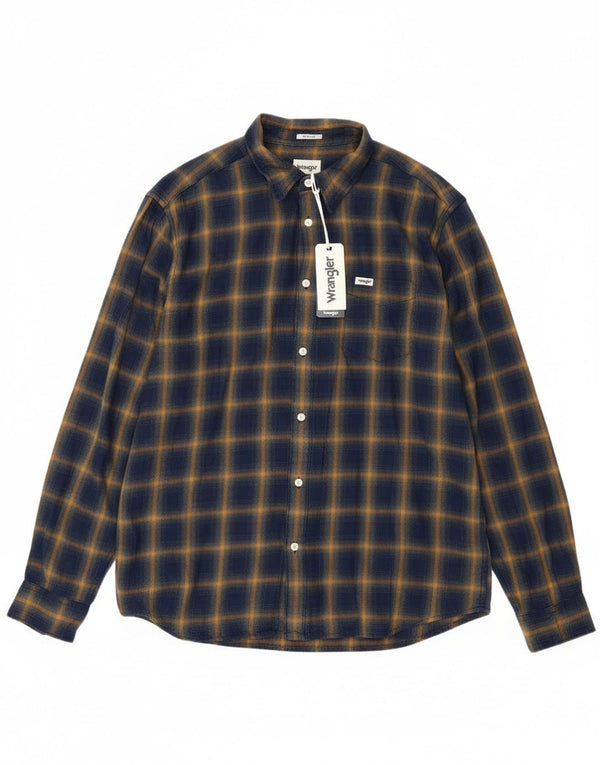 Wrangler Mens Regular Fit Flannel Shirt Large Navy Blue Check Cotton