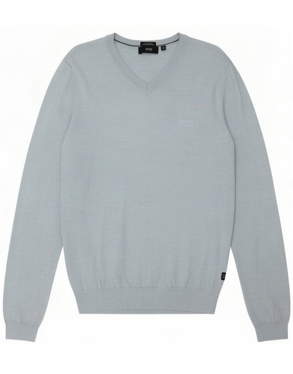 Hugo Boss Mens Regular Fit V-Neck Jumper Sweater Small Blue Merino Wool