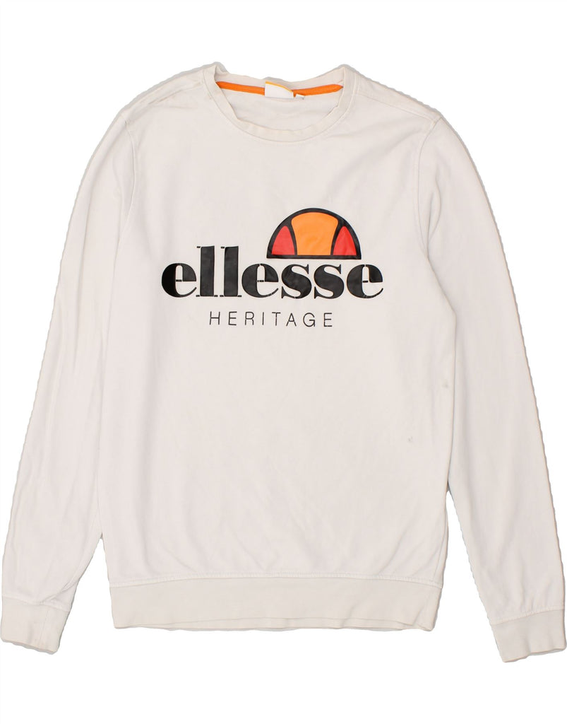 ELLESSE Mens Graphic Sweatshirt Jumper Medium White Cotton Vintage Ellesse and Second-Hand Ellesse from Messina Hembry 