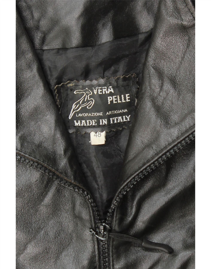 VINTAGE Womens Leather Coat IT 48 XL Black Leather