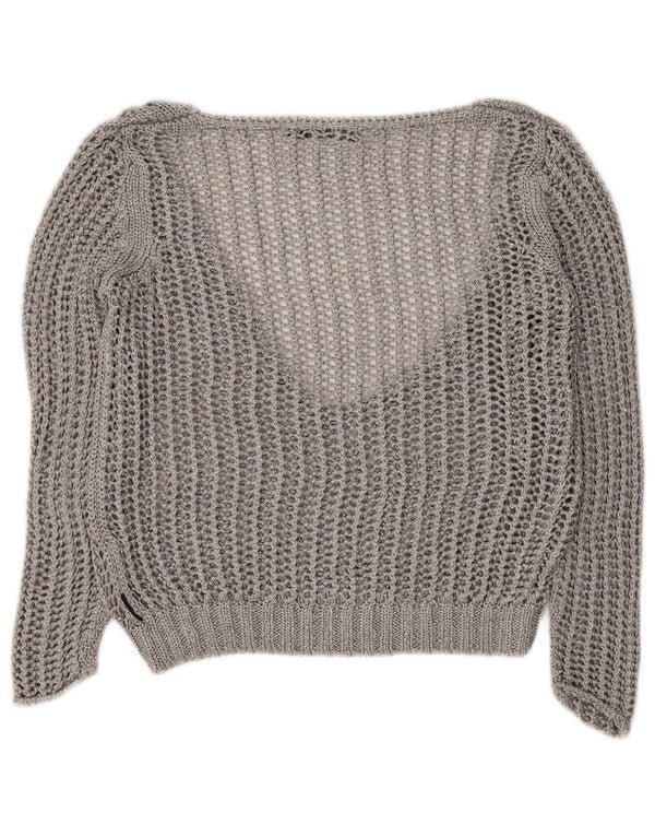 Calvin Klein Jeans Womens Crochet V-Neck Jumper Sweater UK 14 Medium Silver