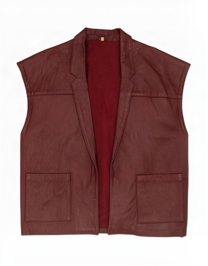 Vintage Womens Oversized Open Leather Gilet UK 10 Small Brown