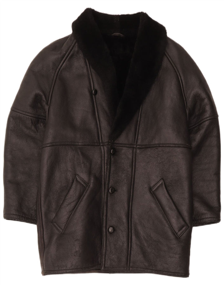 Breco's Mens Shearling Coat IT 48 Medium Black Leather