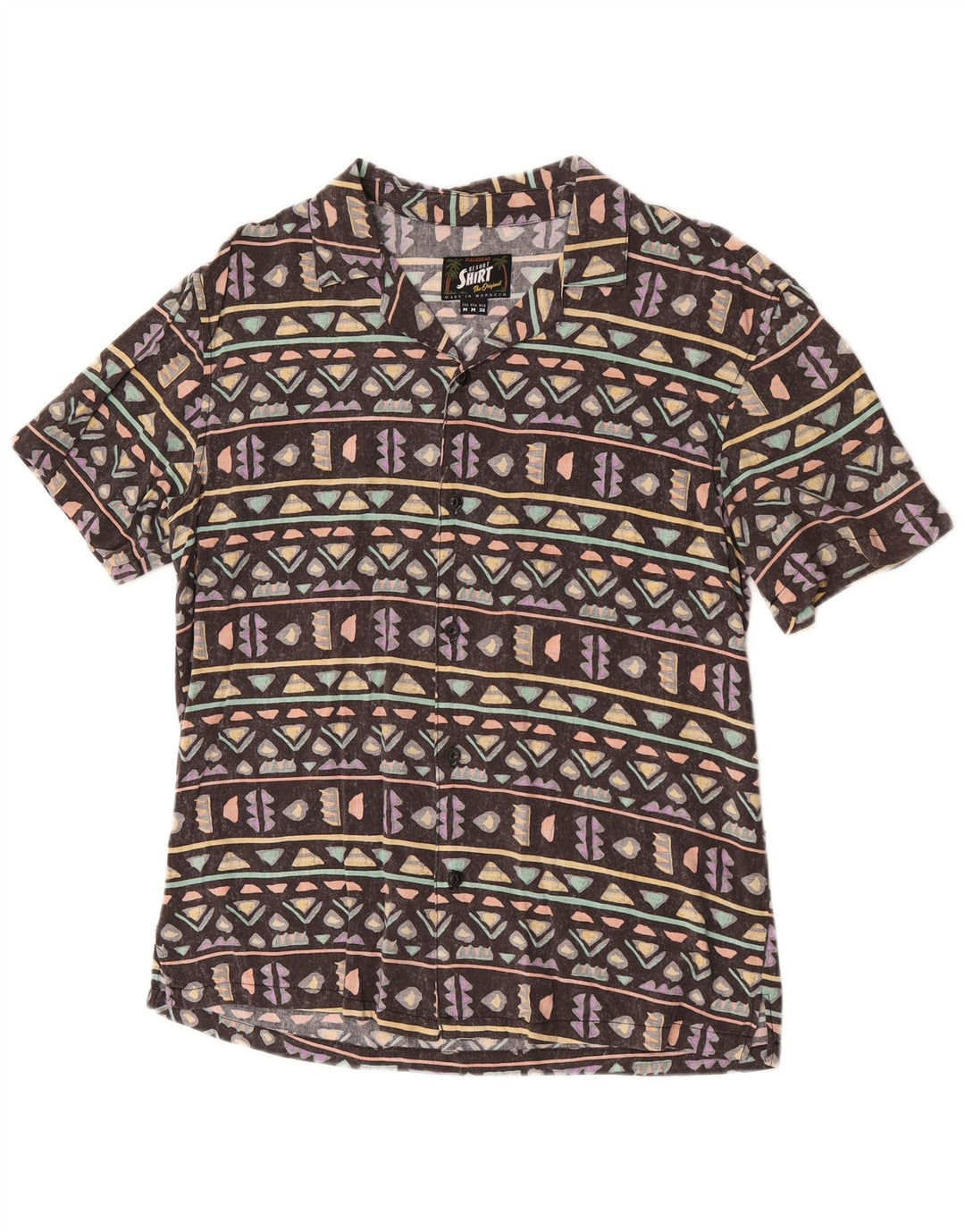 Pull & Bear Mens Short Sleeve Shirt Medium Brown Geometric Hawaiian