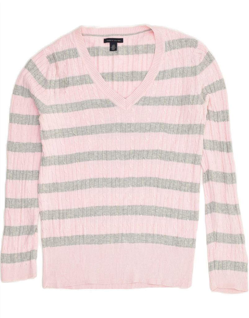 TOMMY HILFIGER Womens V-Neck Jumper Sweater UK 14 Large Pink Striped | Vintage Tommy Hilfiger | Thrift | Second-Hand Tommy Hilfiger | Used Clothing | Messina Hembry 