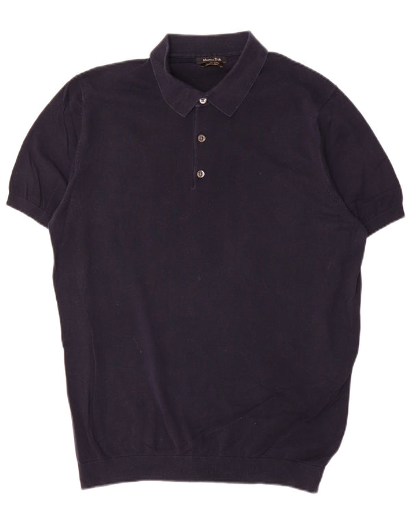 Massimo Dutti Mens Short Sleeve Polo Neck Jumper Sweater Large Navy Blue