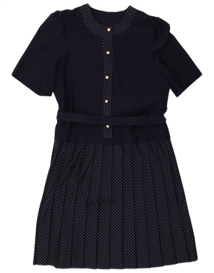 VINTAGE Womens A-Line Dress UK 16 Large Navy Blue Spotted Polyester