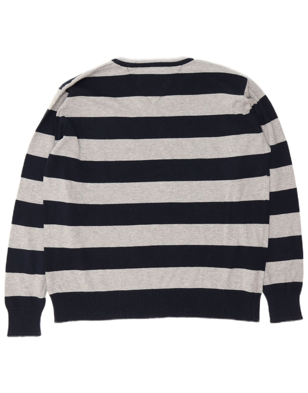 Tommy Hilfiger Mens V-Neck Jumper Sweater Medium Navy Blue Striped Cotton