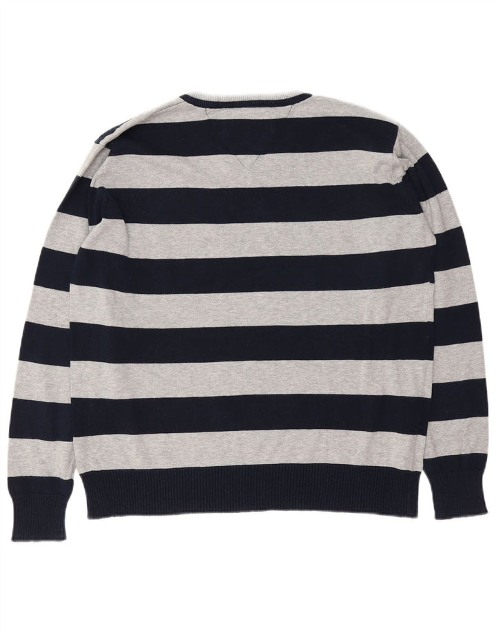 Tommy Hilfiger Mens V-Neck Jumper Sweater Medium Navy Blue Striped Cotton