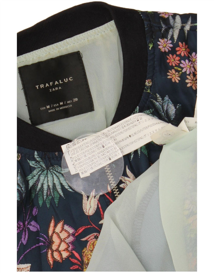 Zara Womens Trafaluc Graphic Bomber Jacket UK 14 Medium Navy Blue Floral