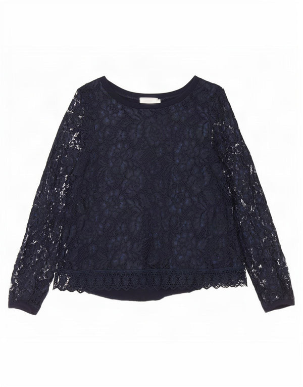 Vintage Womens Long Sleeve Lace Blouse Top EU 40 Medium Navy Blue Floral
