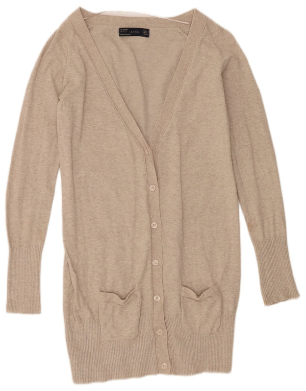 Zara Womens Longline Cardigan Sweater UK 10 Small Beige Flecked Cotton