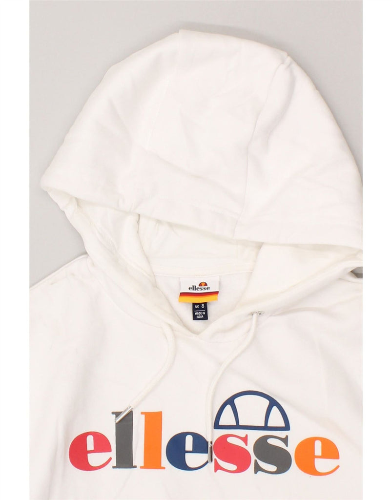 ELLESSE Womens Oversized Crop Graphic Hoodie Jumper UK 8 Small White Vintage Ellesse and Second-Hand Ellesse from Messina Hembry 