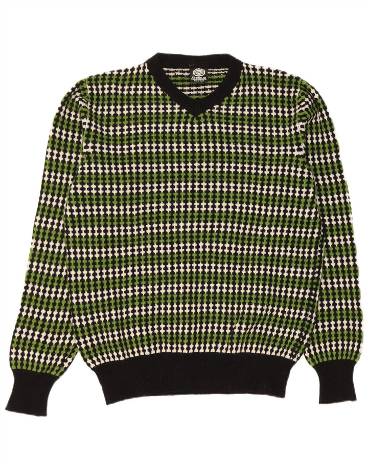 Franklin & Marshall Mens V-Neck Jumper Sweater Large Green Striped Wool