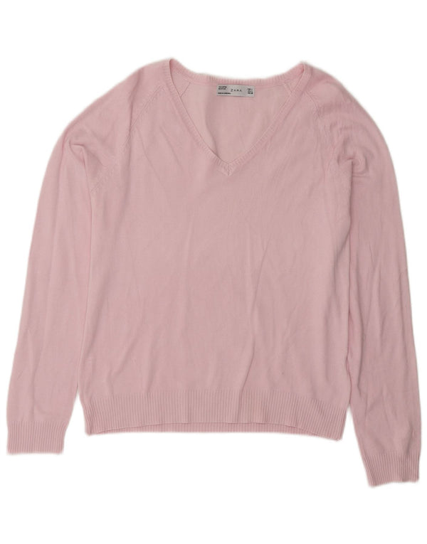 Zara Womens V-Neck Jumper Sweater UK 14 Large Pink Cotton