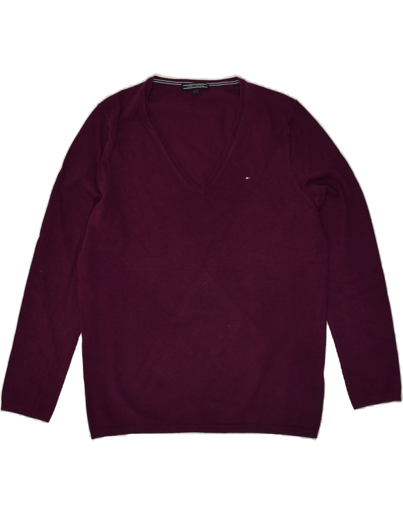 TOMMY HILFIGER Womens V-Neck Jumper Sweater UK 14 Large Maroon Cotton | Vintage Tommy Hilfiger | Thrift | Second-Hand Tommy Hilfiger | Used Clothing | Messina Hembry 