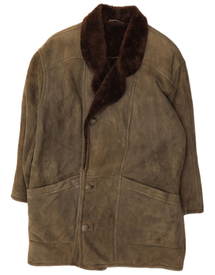 VINTAGE Mens Loose Fit Shearling Overcoat UK 36 Small Khaki