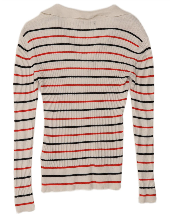 Marks & Spencer Womens Long Sleeve Polo Shirt UK 8 Small White Striped
