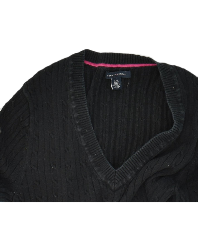 TOMMY HILFIGER Womens V-Neck Jumper Sweater UK 14 Large Black Cotton | Vintage Tommy Hilfiger | Thrift | Second-Hand Tommy Hilfiger | Used Clothing | Messina Hembry 