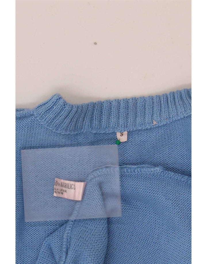 Vintage Mens Crew Neck Jumper Sweater Small Blue Geometric Wool