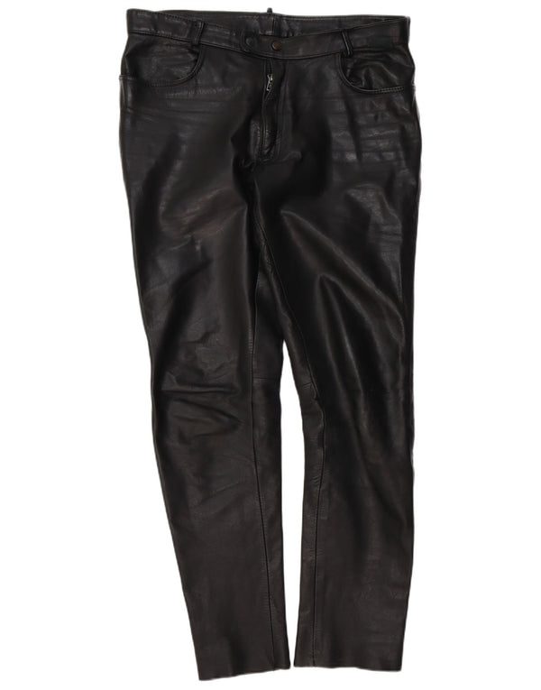 Vintage Mens Slim Leather Trousers W37 L34 Black Leather