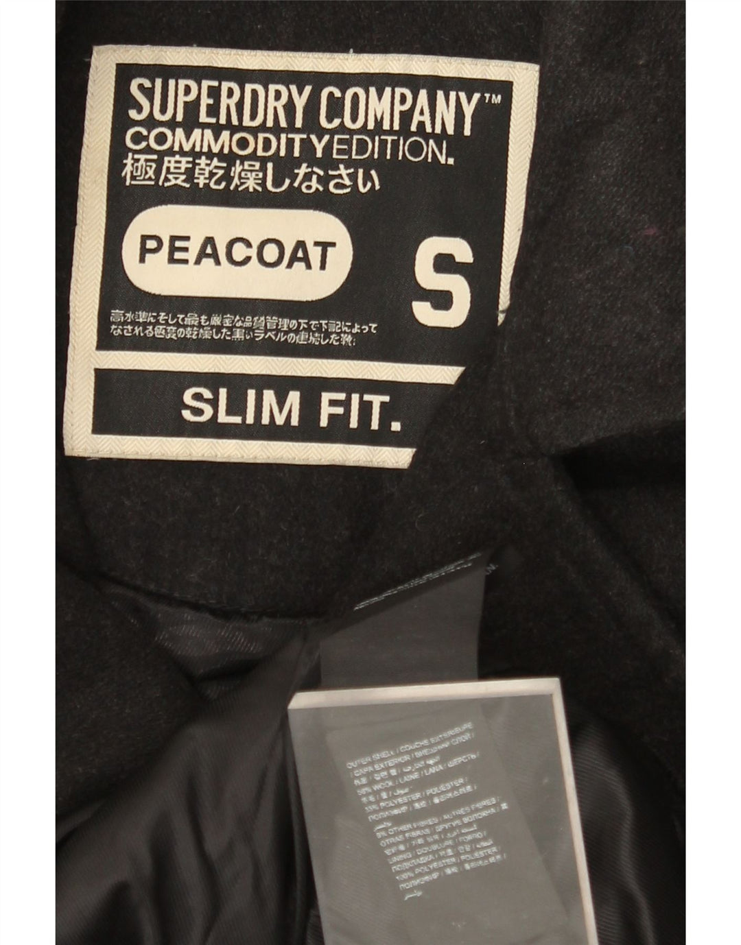 SUPERDRY Mens Slim Fit Pea Coat UK 36 Small Black Wool