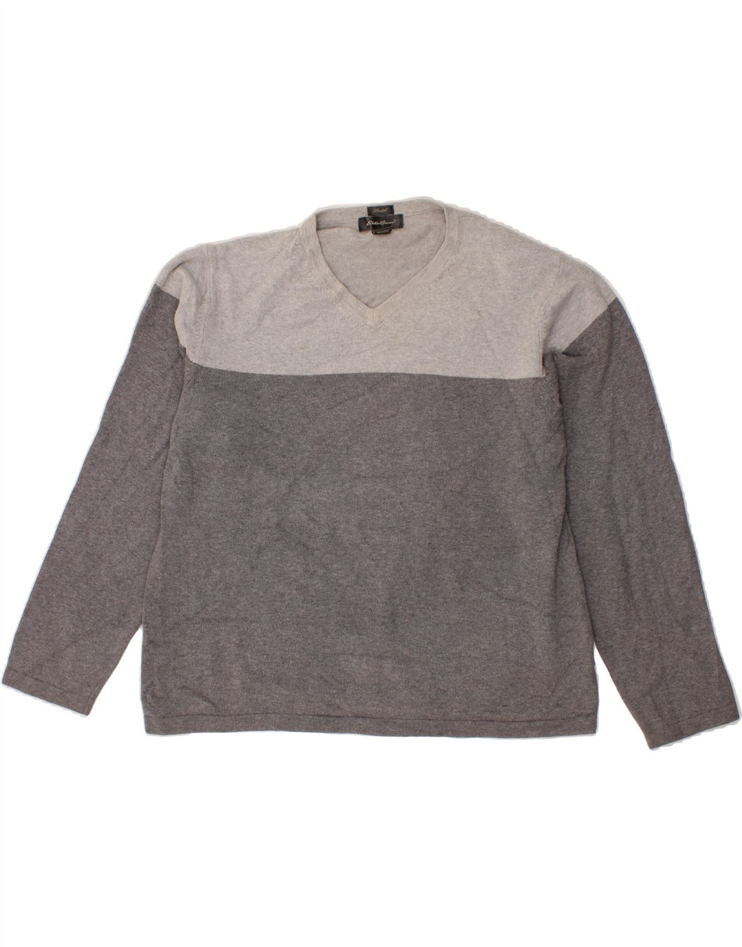 EDDIE BAUER Womens V-Neck Jumper Sweater UK 16 Large Grey Colourblock Vintage Eddie Bauer and Second-Hand Eddie Bauer from Messina Hembry 