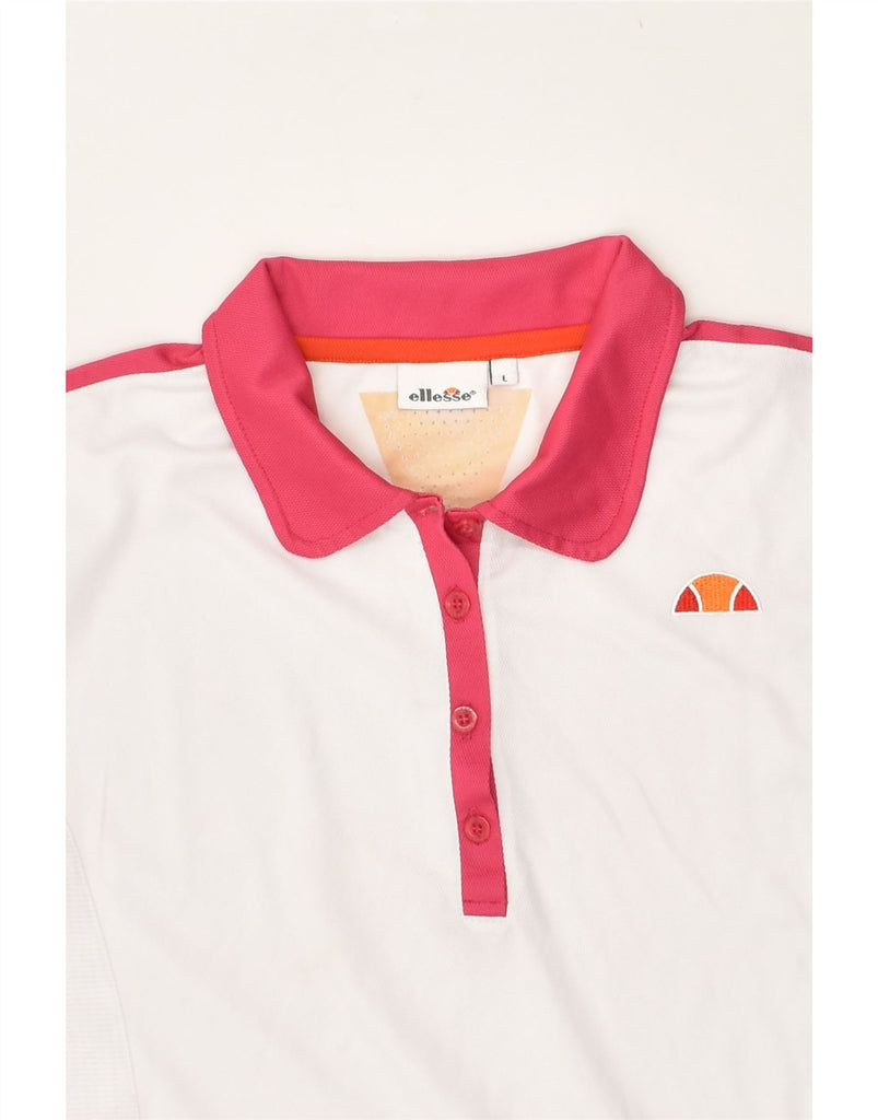 ELLESSE Womens Polo Shirt UK 14 Large White Polyester | Vintage Ellesse | Thrift | Second-Hand Ellesse | Used Clothing | Messina Hembry 