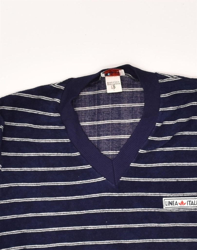 VINTAGE Womens V-Neck Jumper Sweater UK 46 Large Navy Blue Striped Cotton | Vintage Vintage | Thrift | Second-Hand Vintage | Used Clothing | Messina Hembry 