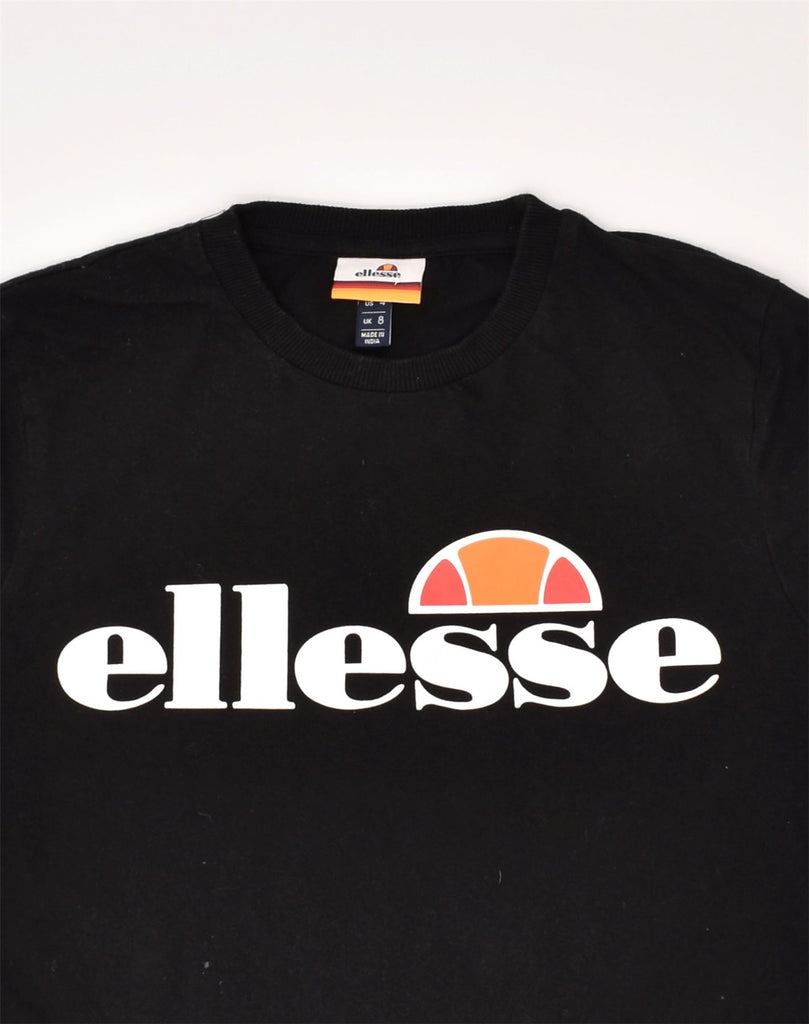 ELLESSE Womens Graphic Sweatshirt Jumper UK 8 Small Black Cotton | Vintage Ellesse | Thrift | Second-Hand Ellesse | Used Clothing | Messina Hembry 