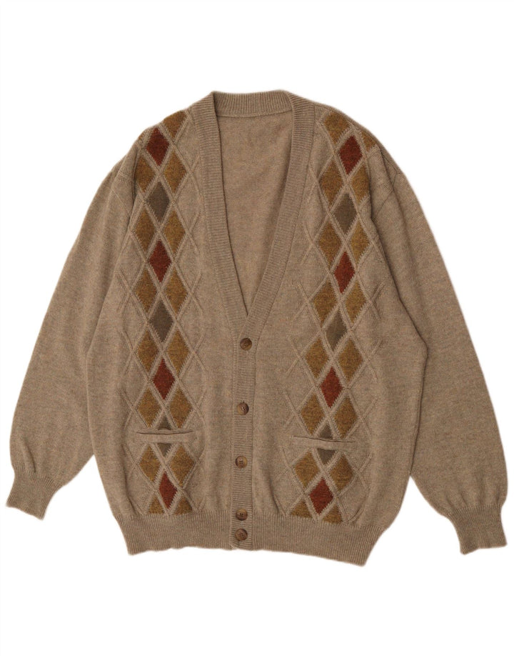Vintage Mens Cardigan Sweater XL Brown Argyle/Diamond