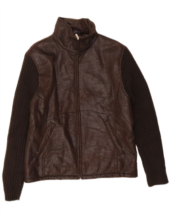 Vintage Mens Faux Leather Jacket UK 36 Small Brown Colourblock Polyester