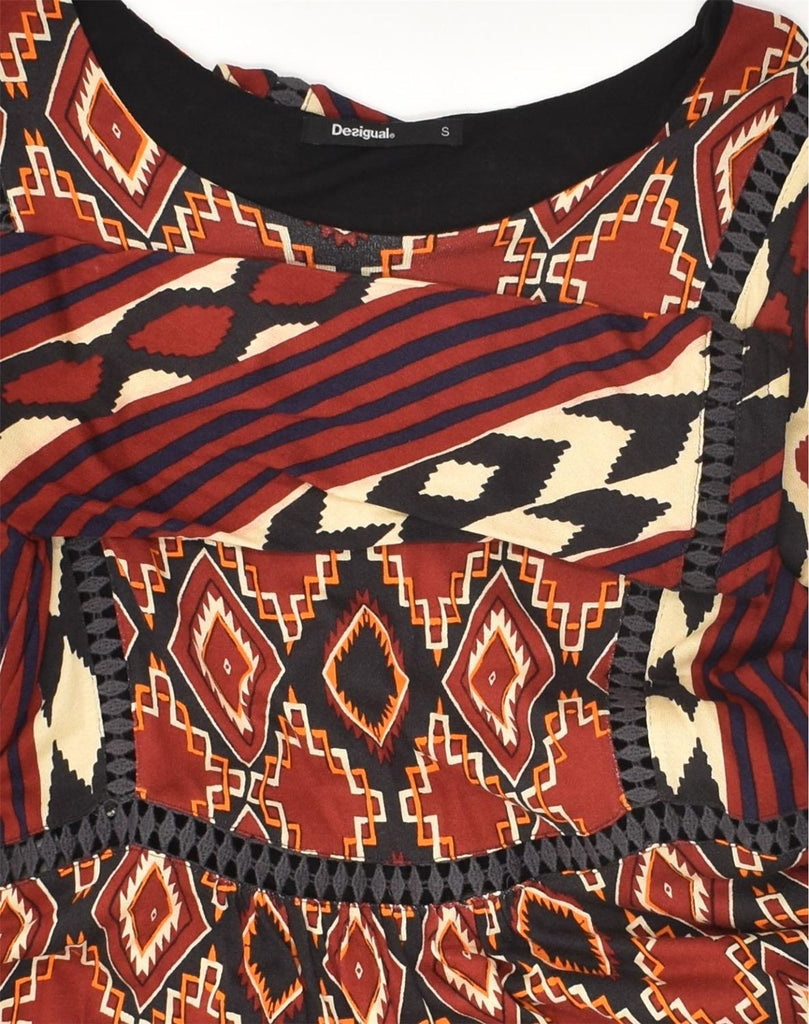 DESIGUAL Womens Long Sleeve A-Line Dress UK 8 Small Brown Geometric Cotton | Vintage Desigual | Thrift | Second-Hand Desigual | Used Clothing | Messina Hembry 