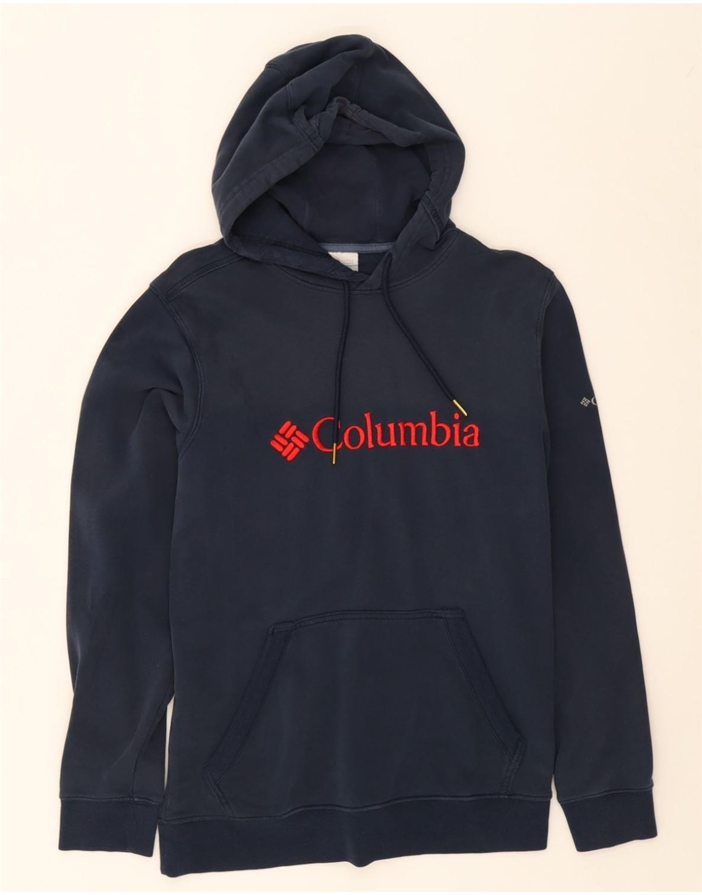 COLUMBIA Mens Graphic Hoodie Jumper Small Navy Blue Cotton