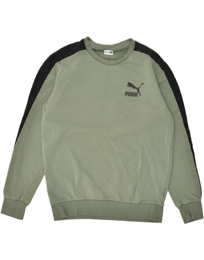 PUMA Mens Sweatshirt Jumper Small Khaki Colourblock | Vintage Puma | Thrift | Second-Hand Puma | Used Clothing | Messina Hembry 