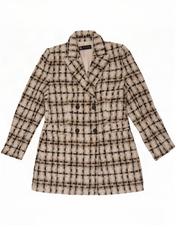 Zara Womens Double Breasted Blazer Jacket UK 12 Medium Beige Check Acrylic