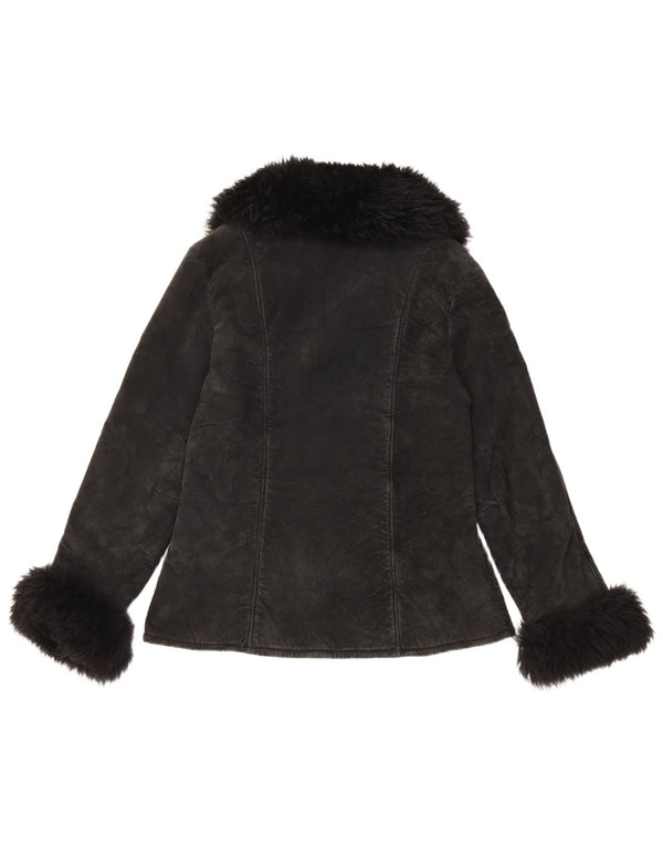 Vintage Womens Sherpa Suede Jacket UK 10 Small Black Leather