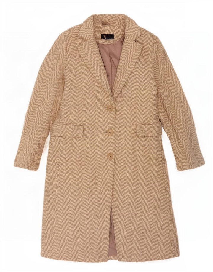 Marks & Spencer Womens Overcoat UK 12 Medium Beige Herringbone Polyester
