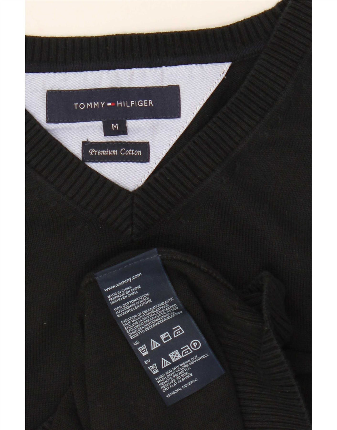 Tommy Hilfiger Mens V-Neck Jumper Sweater Medium Black Cotton