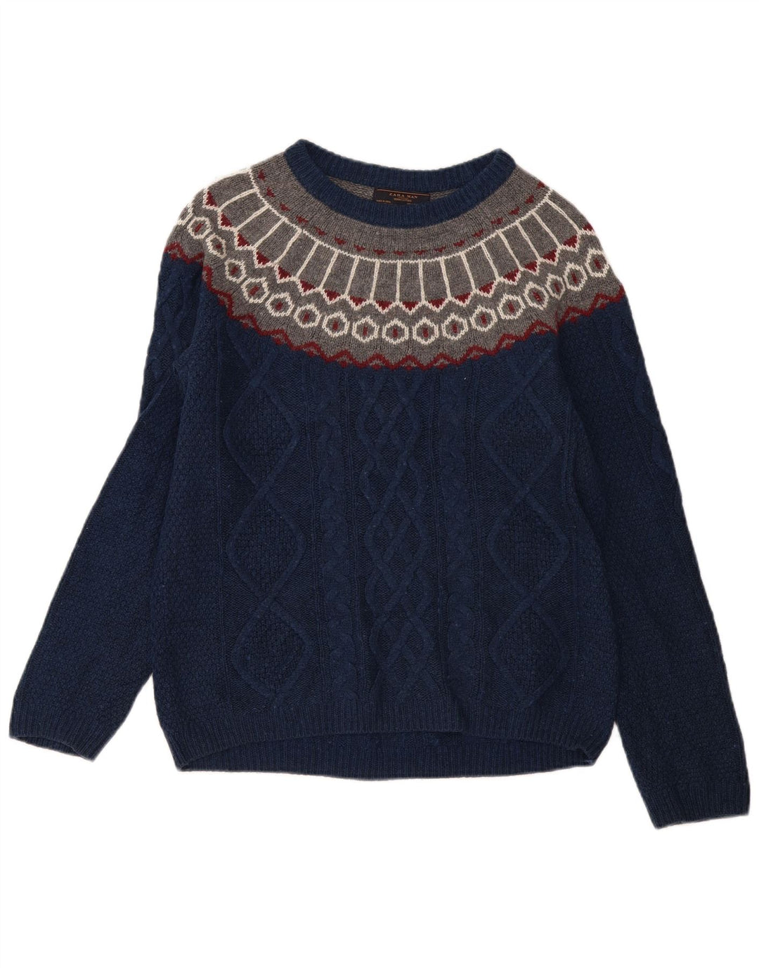 Zara Mens Boat Neck Jumper Sweater Medium Navy Blue Fair Isle