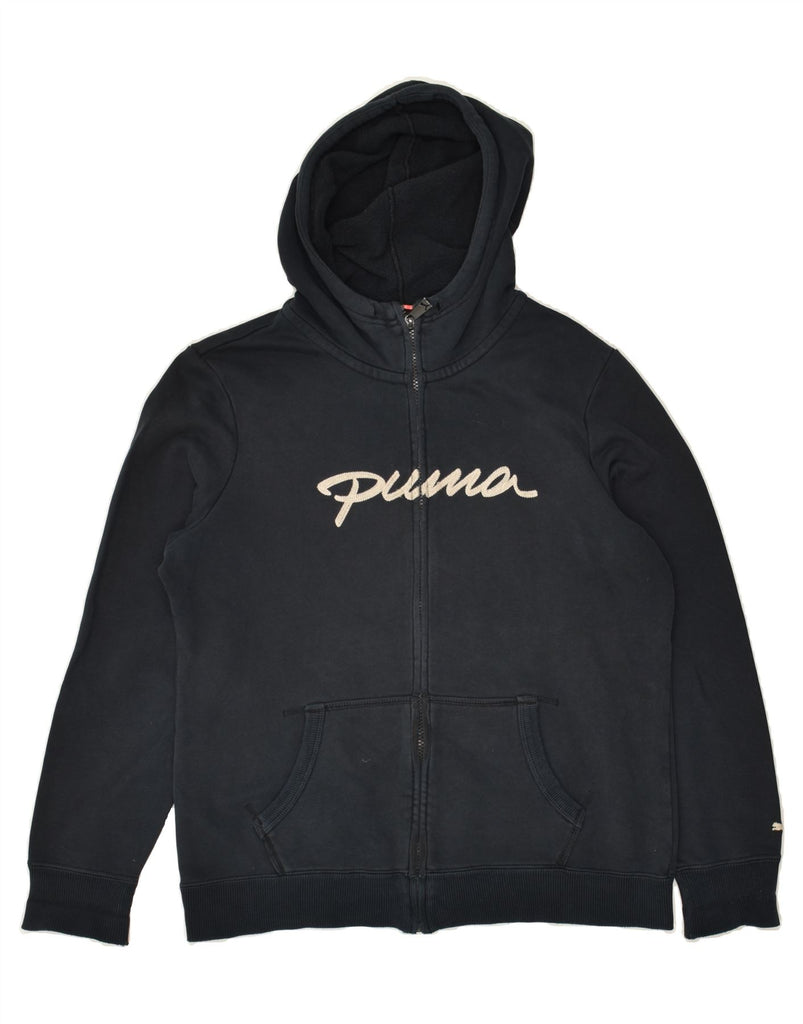 PUMA Womens Graphic Zip Hoodie Sweater UK 14 Large Navy Blue Vintage Puma and Second-Hand Puma from Messina Hembry 