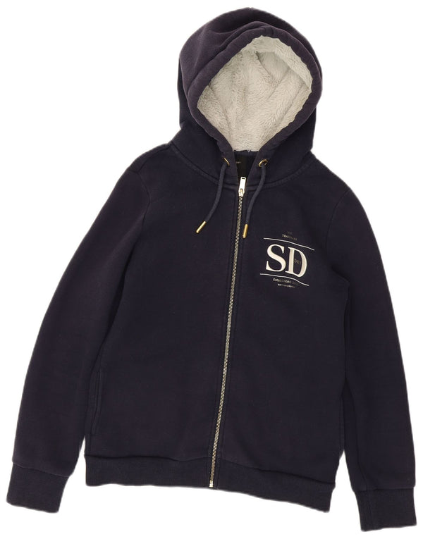 Superdry Womens Graphic Zip Hoodie Sweater UK 12 Medium Navy Blue Cotton